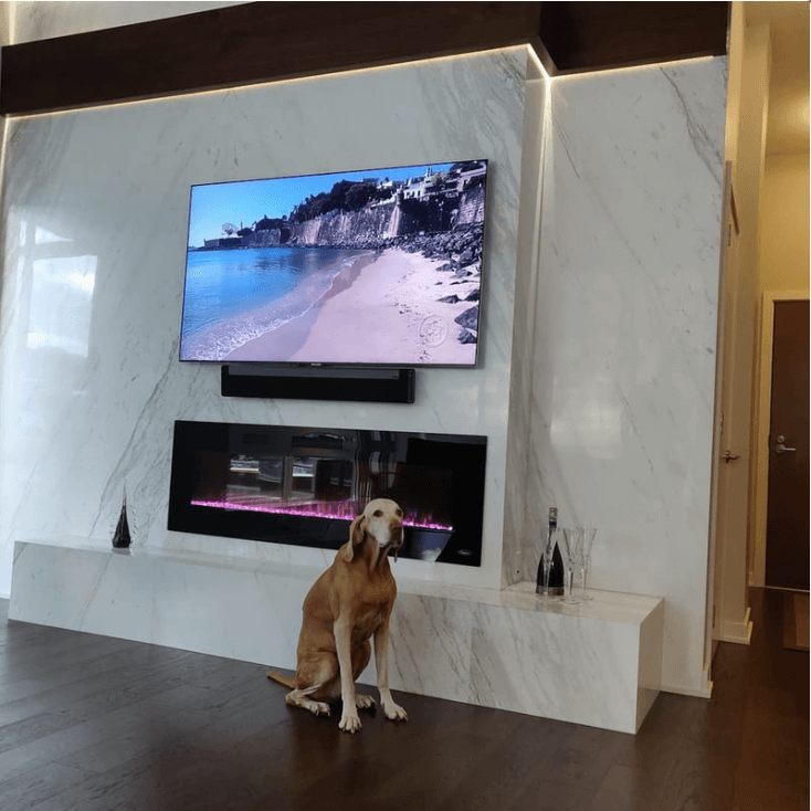 Cararra Fieplace With Dog — Fireplaces & Wall Features