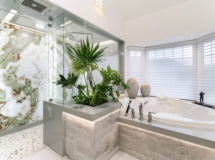 Natural stone panel installed in a waterproofed luxury shower